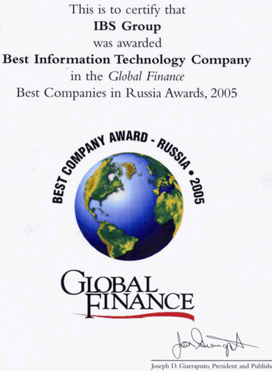 Международный деловой журнал Global Finance Magazine признал группу IBS лучшей российской IT-компанией по итогам 2004 года